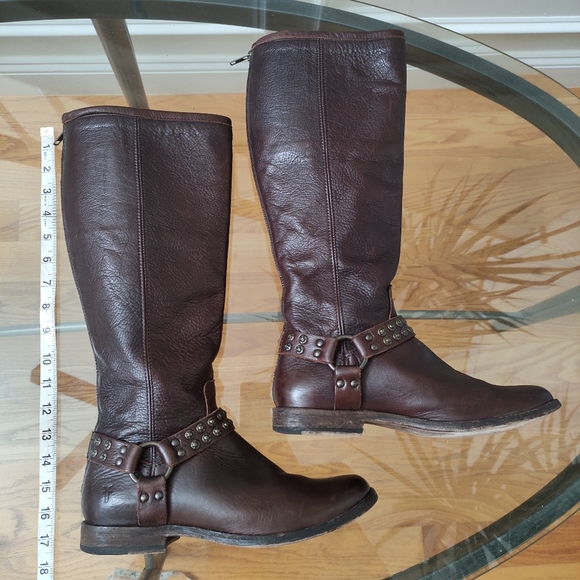 FRYE Phillip Studded Brown Leather Harness Tall Leather Boots women's 9B - Picture 5 of 16